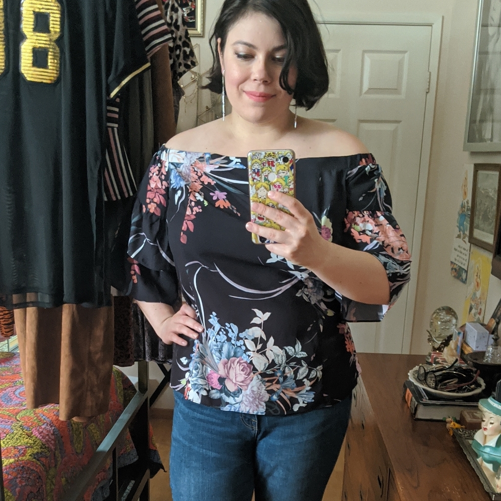 City Chic Off-Shoulder Ruffled Floral Top